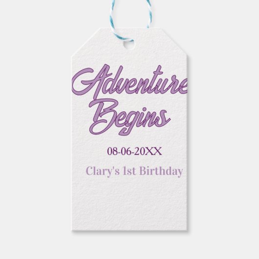 Abenteuer beginnt 1. Geburtstag Name Datum einfach Geschenkanhänger (Vorderseite)