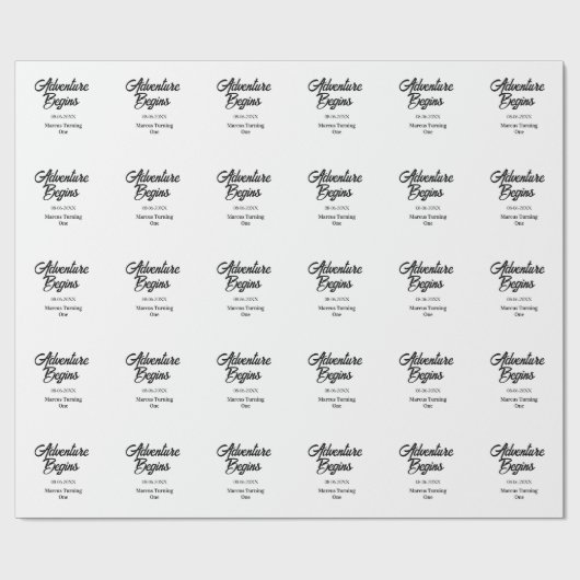 Abenteuer beginnt 1. Geburtstag Name Datum einfach Geschenkpapier (Flach)