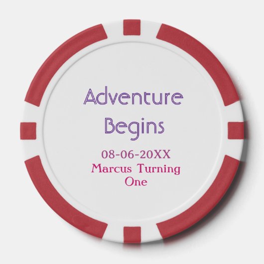 Abenteuer beginnt 1. Geburtstag Name Datum einfach Pokerchips (Vorderseite)
