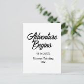 Abenteuer beginnt 1. Geburtstag Name Datum einfach Postkarte (Stehend Vorderseite)