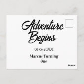 Abenteuer beginnt 1. Geburtstag Name Datum einfach Postkarte (Rückseite)