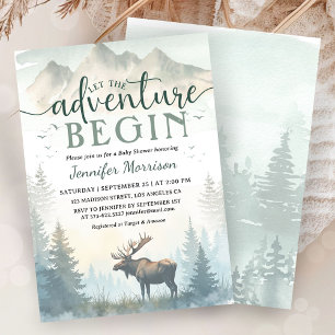 Abenteuer beginnt Baby Shower Elch Wald Forst Einladung