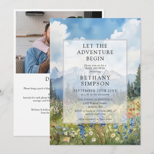 Abenteuer Beginnt Berg Foto QR Code Baby Shower Einladung (Vorne/Hinten)