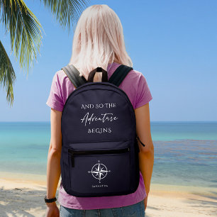 Abenteuer beginnt Dunkelblau Reisen Personalisiert Bedruckter Rucksack