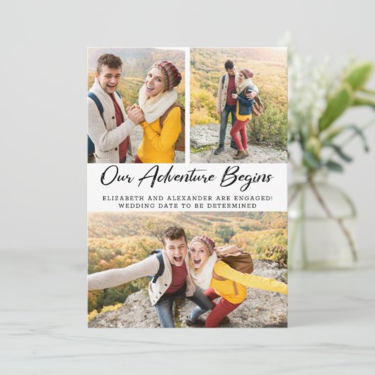 Abenteuer beginnt Foto Verlobung Ankündigung (Stehend Vorderseite)