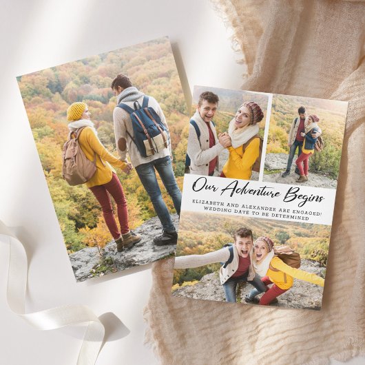 Abenteuer beginnt Foto Verlobung Ankündigung