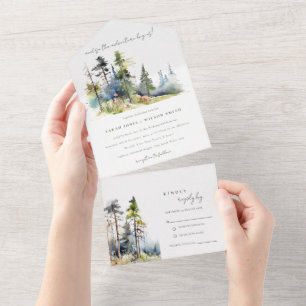 Abenteuer beginnt Kiefernwald-Landschaft Hochzeit All In One Einladung