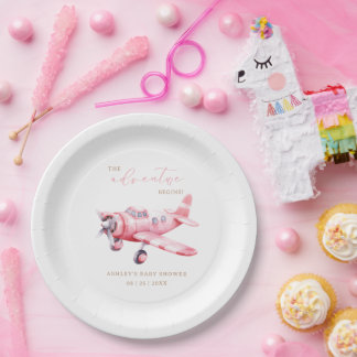 Abenteuer Beginnt Rosa Flugzeug Mädchen Baby Showe Pappteller