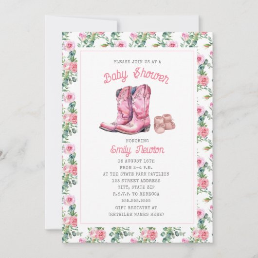 Abenteuer beginnt rosa Stiefel Einladung (Vorderseite)