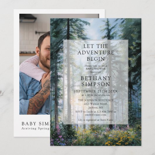 Abenteuer Beginnt Wald Foto QR Code Baby Shower Einladung (Vorne/Hinten)