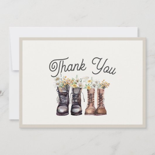 Abenteuer beginnt Wanderstiefel Paar Dusche Dankeskarte (Vorderseite)
