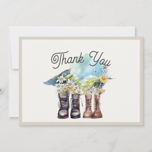Abenteuer beginnt Wanderstiefel Paar Dusche Dankeskarte (Vorderseite)