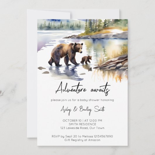 Abenteuer erwartet Bärenkuppe mit Mama Baby Dusche Einladung (Vorderseite)