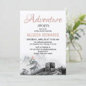 Abenteuer erwartet Berge Reise Babydusche Einladung (Stehend Vorderseite)