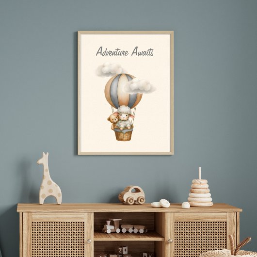 Abenteuer erwartet Hot Air Ballon mit Lamb & Teddy Poster