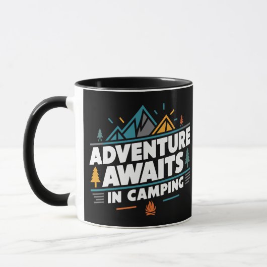 Abenteuer erwartet in Camping, schwarze Tasse (Links)