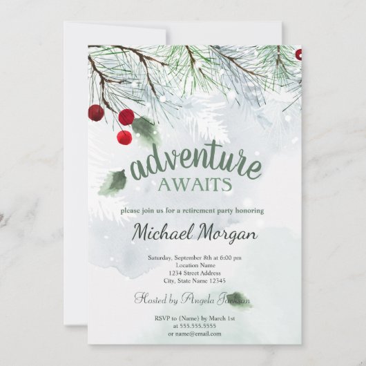 Abenteuer erwartet Kiefernwald-Branch-Ruhestand Einladung (Vorderseite)