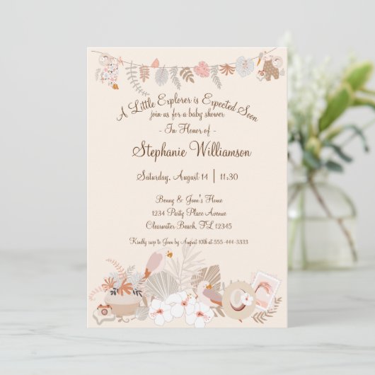 Abenteuer erwartet Little Explorer Boho Einladung (Stehend Vorderseite)