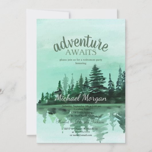 Abenteuer erwartet Pine Tree Forest Lake Retiremen Einladung (Vorderseite)