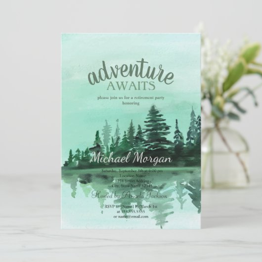 Abenteuer erwartet Pine Tree Forest Lake Retiremen Einladung (Stehend Vorderseite)