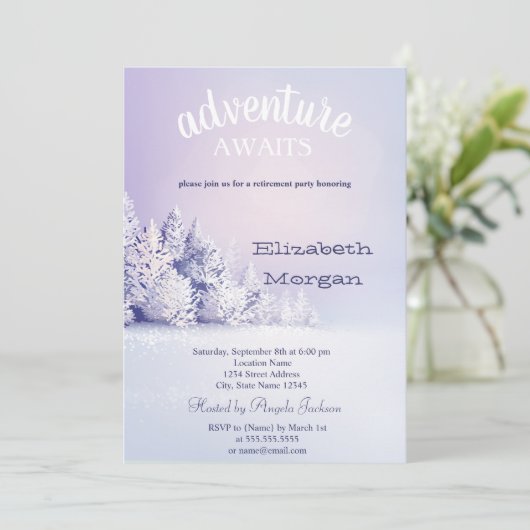 Abenteuer erwartet Pine Tree Forest Snow Retiremen Einladung (Stehend Vorderseite)