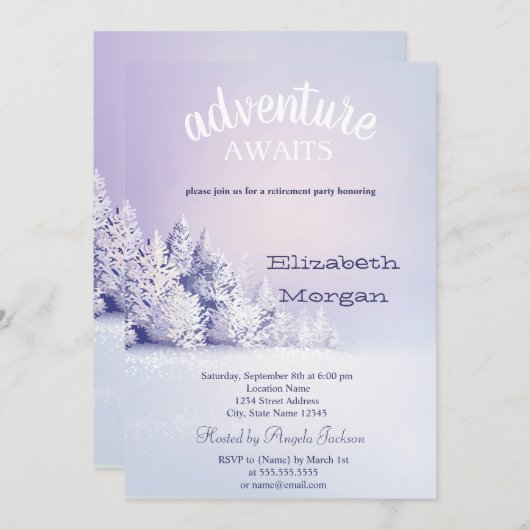Abenteuer erwartet Pine Tree Forest Snow Retiremen Einladung (Vorne/Hinten)