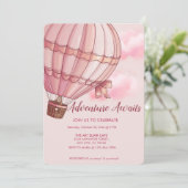 Abenteuer erwartet Pink Hot Air Ballon Baby Dusche Einladung (Stehend Vorderseite)