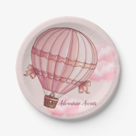 Abenteuer erwartet Pink Hot Air Ballon Baby Dusche Pappteller (Vorderseite)