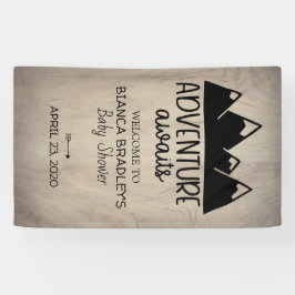 Abenteuer erwartet rustikales Holz der Babyparty-| Banner