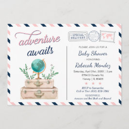 Abenteuer erwartet Travel Baby Dusche Navy Pink Einladung