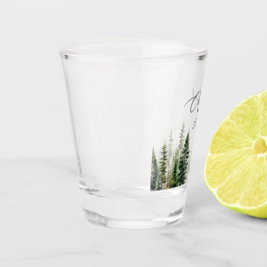 Abenteuer erwartet Waldkiefern Hochzeit Schnapsglas (Links)