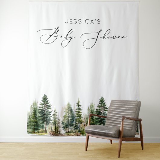 Abenteuer erwartet Waldkiefernbäume Babydusche Wandteppich (Beispiel)