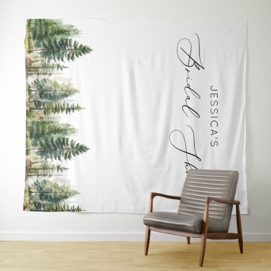 Abenteuer erwartet Waldkiefernbäume Brautparty Wandteppich (Beispiel (Horizontal))