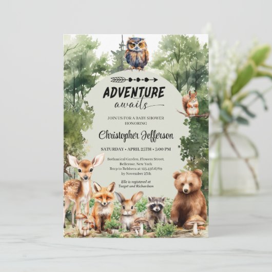 Abenteuer erwartet Waldtierdusche Einladung (Stehend Vorderseite)