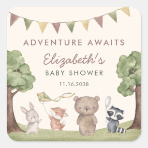 Abenteuer erwartet Waldtiere Baby Shower Quadratischer Aufkleber