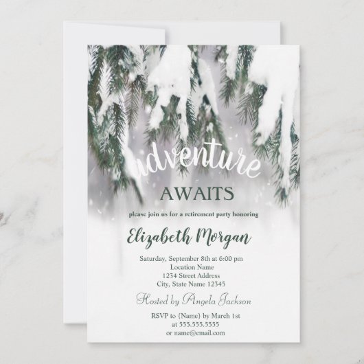 Abenteuer erwartet Winterpine Tree Snow Retirement Einladung (Vorderseite)