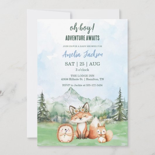 Abenteuer erwartet Woodland Animal Baby Shower Einladung (Vorderseite)