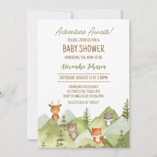 Abenteuer erwartet Woodland Animals Baby Shower Einladung (Vorderseite)