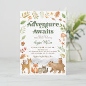 Abenteuer erwartet Woodland Animals Baby Shower Einladung (Stehend Vorderseite)