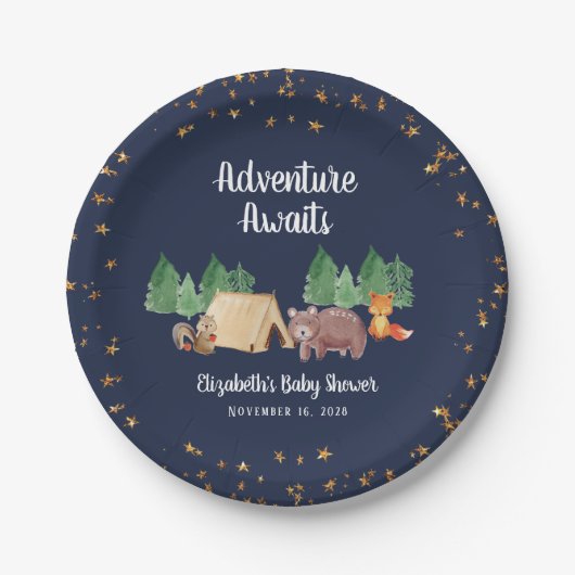 Abenteuer erwartet Woodland Animals Baby Shower Pappteller (Vorderseite)