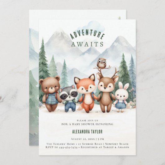 Abenteuer erwartet Woodland Animals Boy Baby Showe Einladung (Vorne/Hinten)