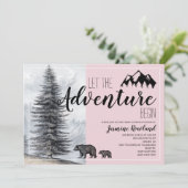 Abenteuer erwartet Woodland Bear Pink Baby Dusche Einladung (Stehend Vorderseite)
