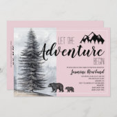 Abenteuer erwartet Woodland Bear Pink Baby Dusche Einladung (Vorne/Hinten)