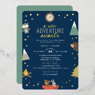 Abenteuer erwartet Woodland Boy Navy Baby Shower Folieneinladung