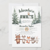 Abenteuer erwartet Woodland Schnee Winter Baby Dus Einladung (Vorderseite)