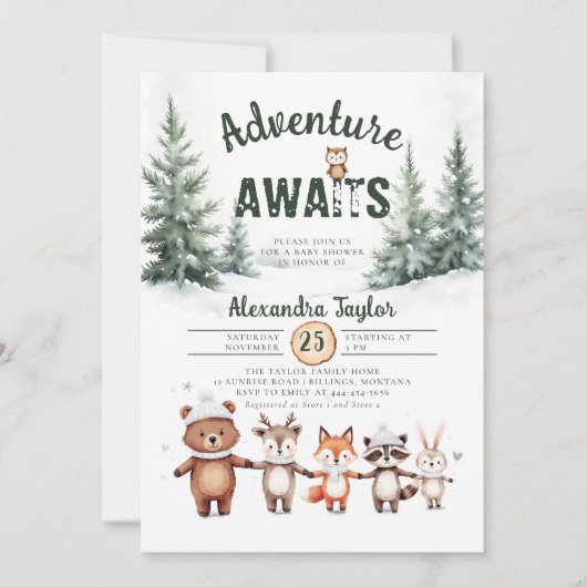 Abenteuer erwartet Woodland Schnee Winter Baby Dus Einladung (Vorderseite)