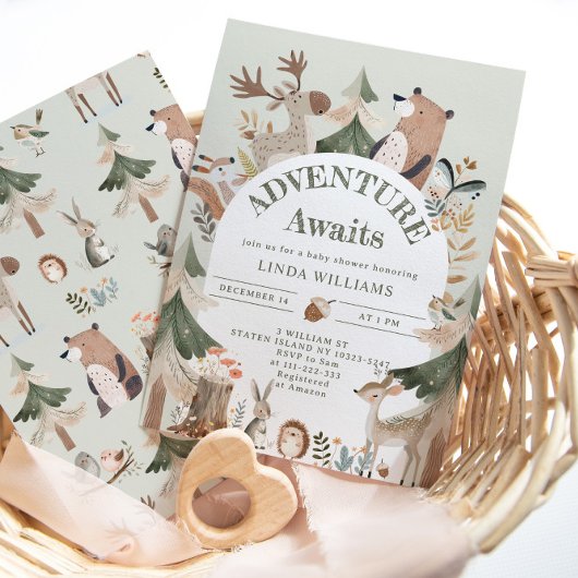 Abenteuer erwartet Woodland-Tiere Arch Baby-Dusche Einladung