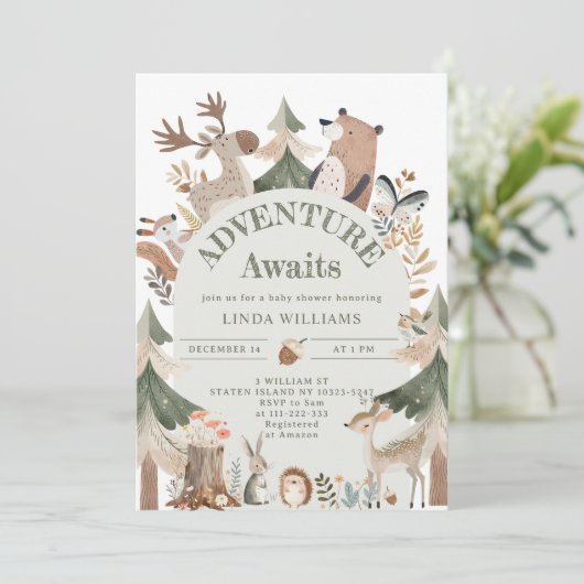Abenteuer erwartet Woodland-Tiere Arch Baby-Dusche Einladung (Stehend Vorderseite)