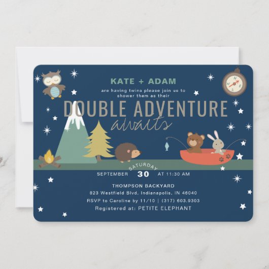 Abenteuer erwartet Woodland Twin Boys Baby Shower Einladung (Vorderseite)