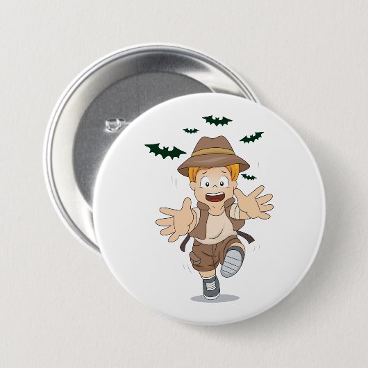 Abenteuer-Explorer-Kid läuft von Fledermäusen Button (Vorne & Hinten)